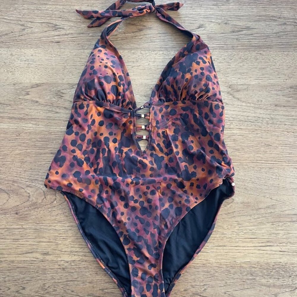 City Chic Animal Print SIZE 16 Halter Tie Plunge Front One Piece Swimsuit NWT E